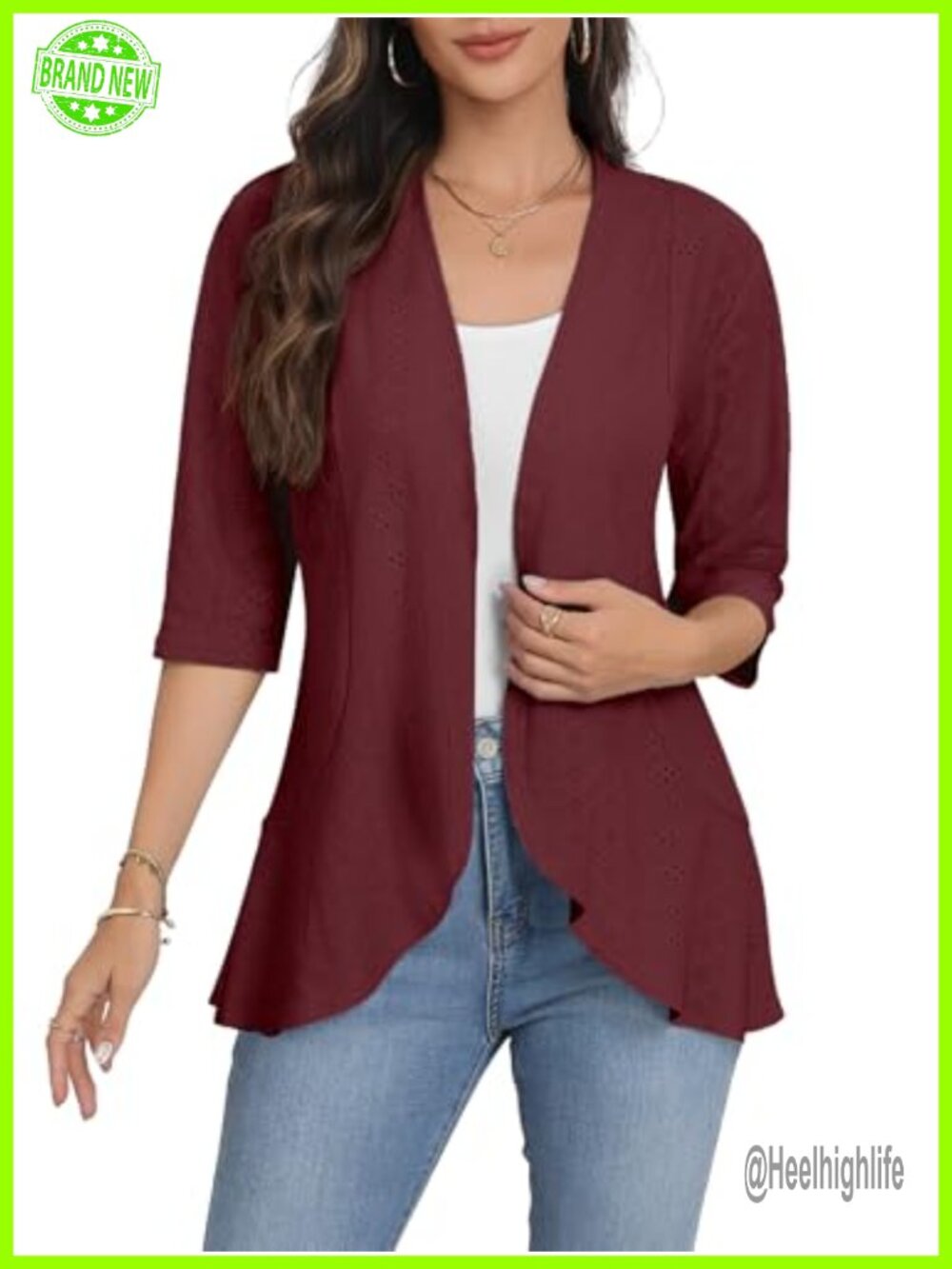 Women's Open Front Cardigan 3/4 Sleeve Lightweight Knit Ruffled Kimono Cover Up